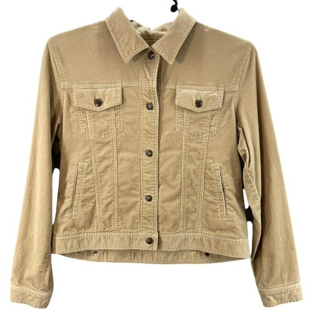 VTG Lauren Ralph Lauren Jacket Women Sz L Corduroy Trucker Tan Stretch Button Up